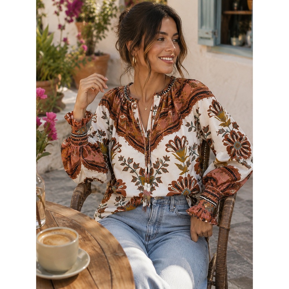 Farm Rio XS Terracotta Floral Cotton Puff Sleeve Beaded Tassel Blouse 331192